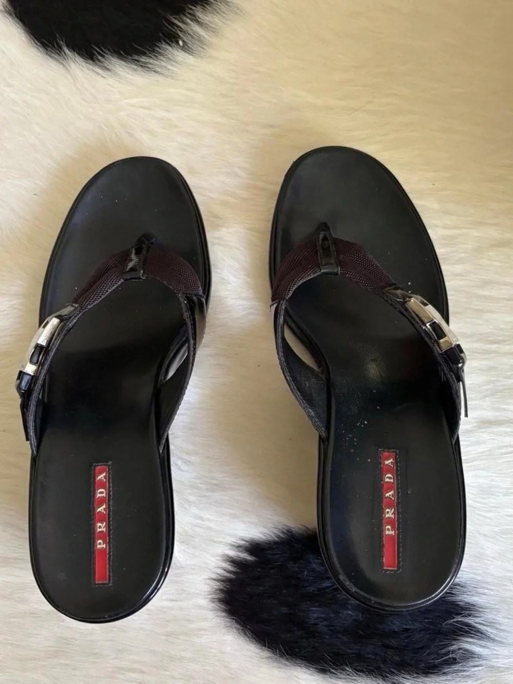 Vintage Prada Sport Black Wedge Thong Sandals with Buckle Detail